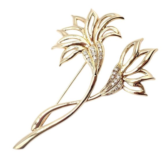 Rare! Vintage Mikimoto 18k Yellow Gold Diamond Large Double Flower Brooch - Picture 1 of 10